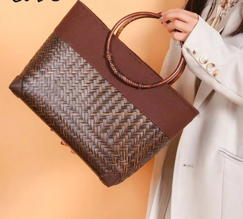 rattan weave wooden handbag