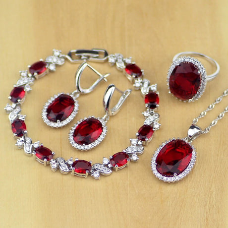 Oval Red 925 Sterling Silver Necklace Set