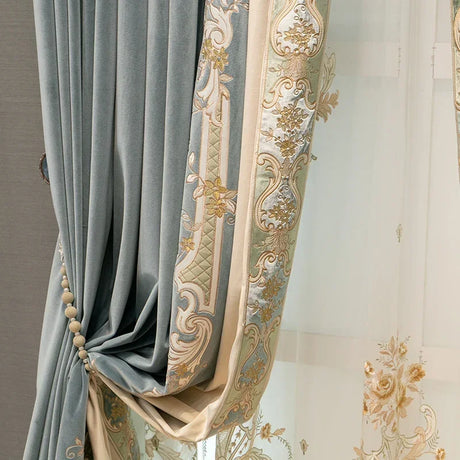 European embroidered blue velvet blackout curtains with lace