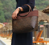 rattan weave wooden handbag