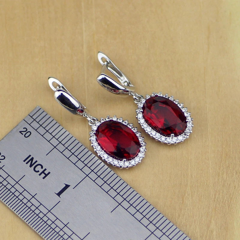 Oval Red 925 Sterling Silver Necklace Set