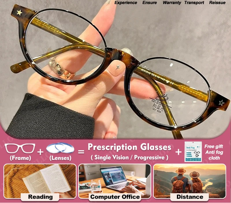Half-Frame Women Round Myopia Prescription Glasses 