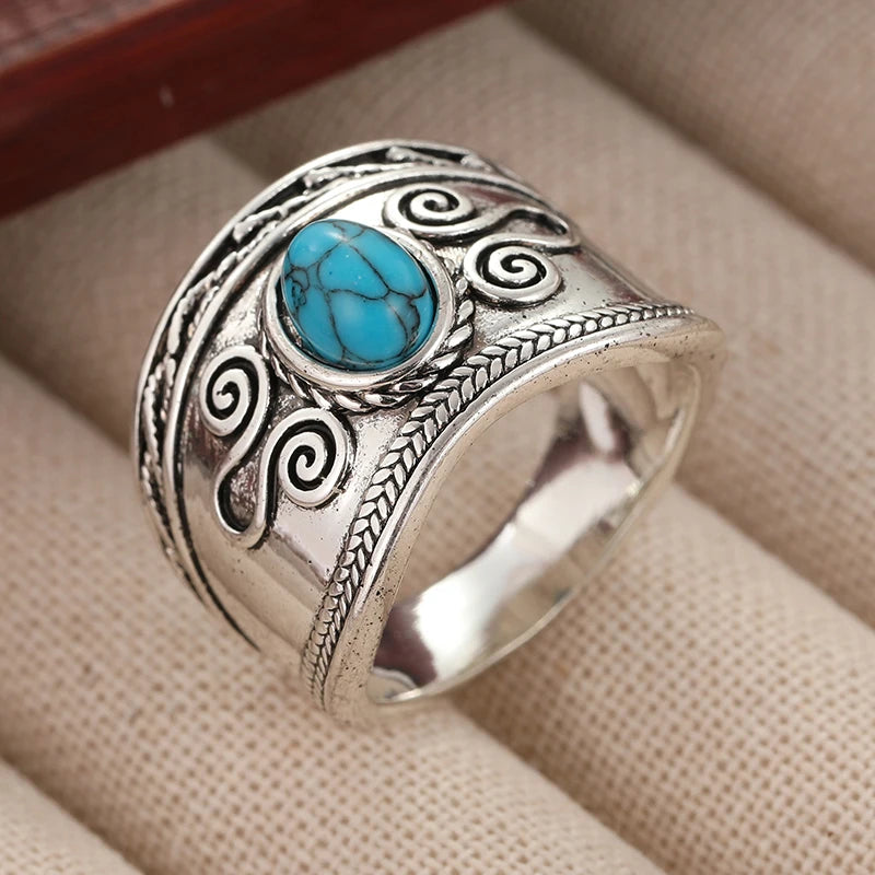 Hand Carved Inlaid Synthetic Turquoise Silvery Rings