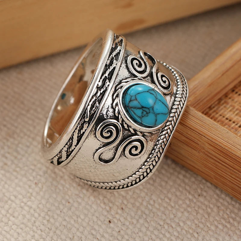 Hand Carved Inlaid Synthetic Turquoise Silvery Rings