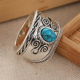 Hand Carved Inlaid Synthetic Turquoise Silvery Rings