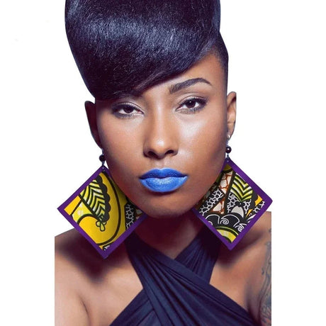 model using Handmade African Fabric Tassels Earrings