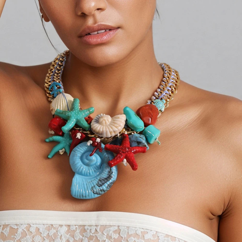Model Using Handmade Boho Beads Conch & Starfish Necklace