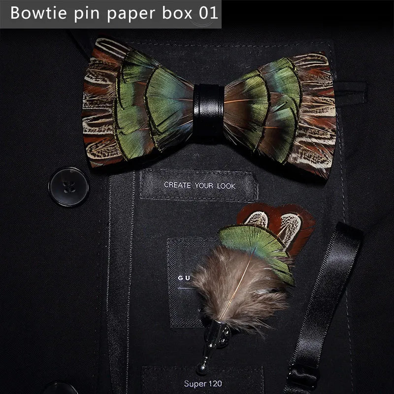 Green Handmade Colorful Brooch Feather Bowtie