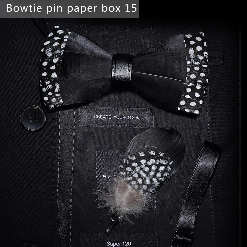 Black Handmade Colorful Brooch Feather Bowtie
