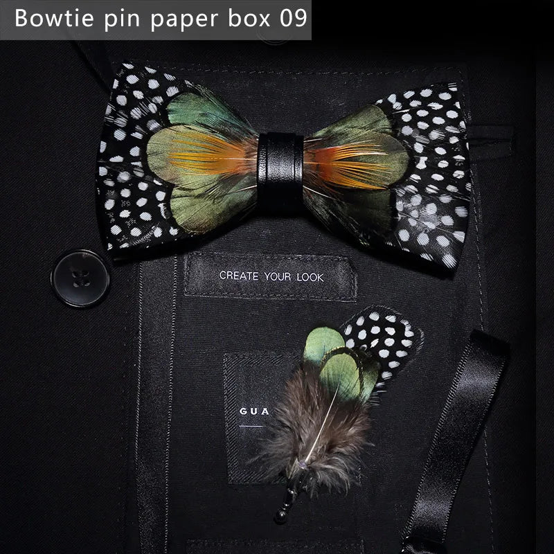 Green Handmade Colorful Brooch Feather Bowtie