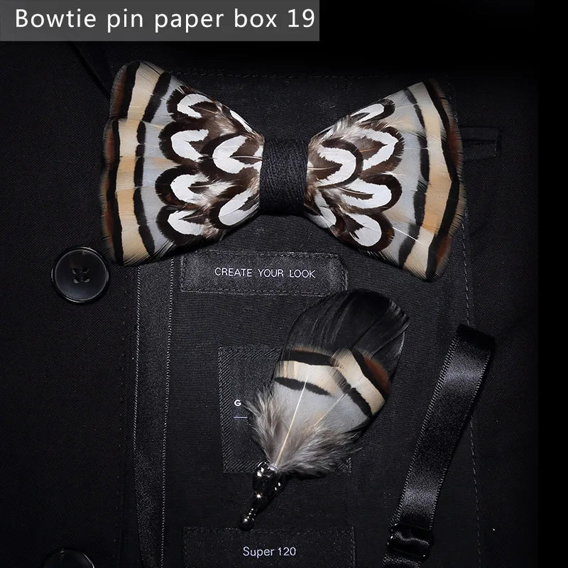 Brown Handmade Colorful Brooch Feather Bowtie