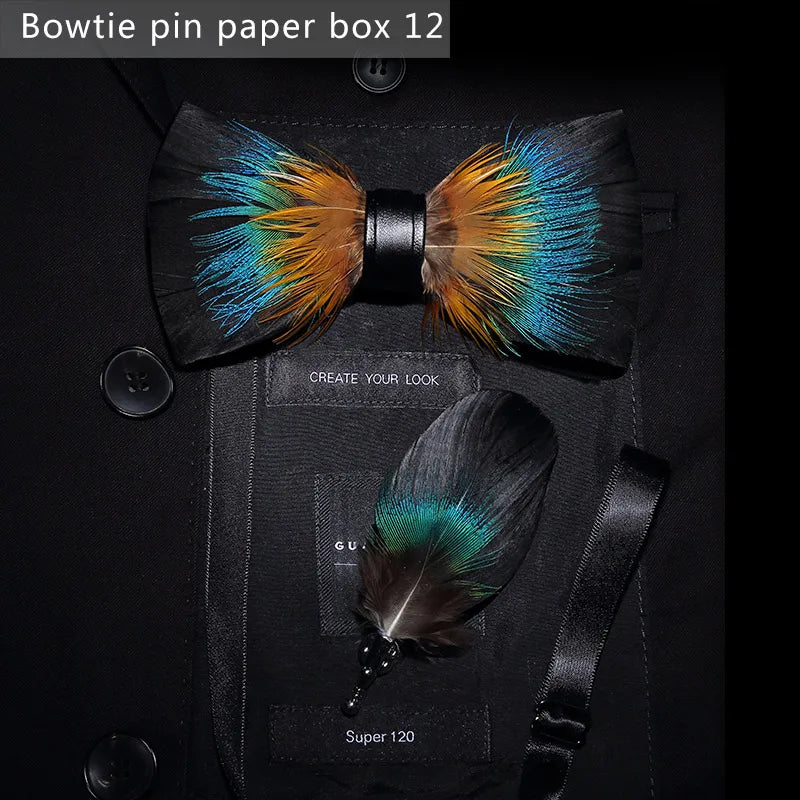 Black Green Handmade Colorful Brooch Feather Bowtie