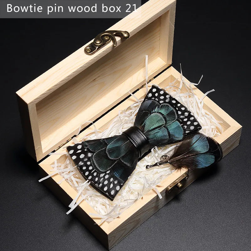Black Green Handmade Colorful Brooch Feather Bowtie