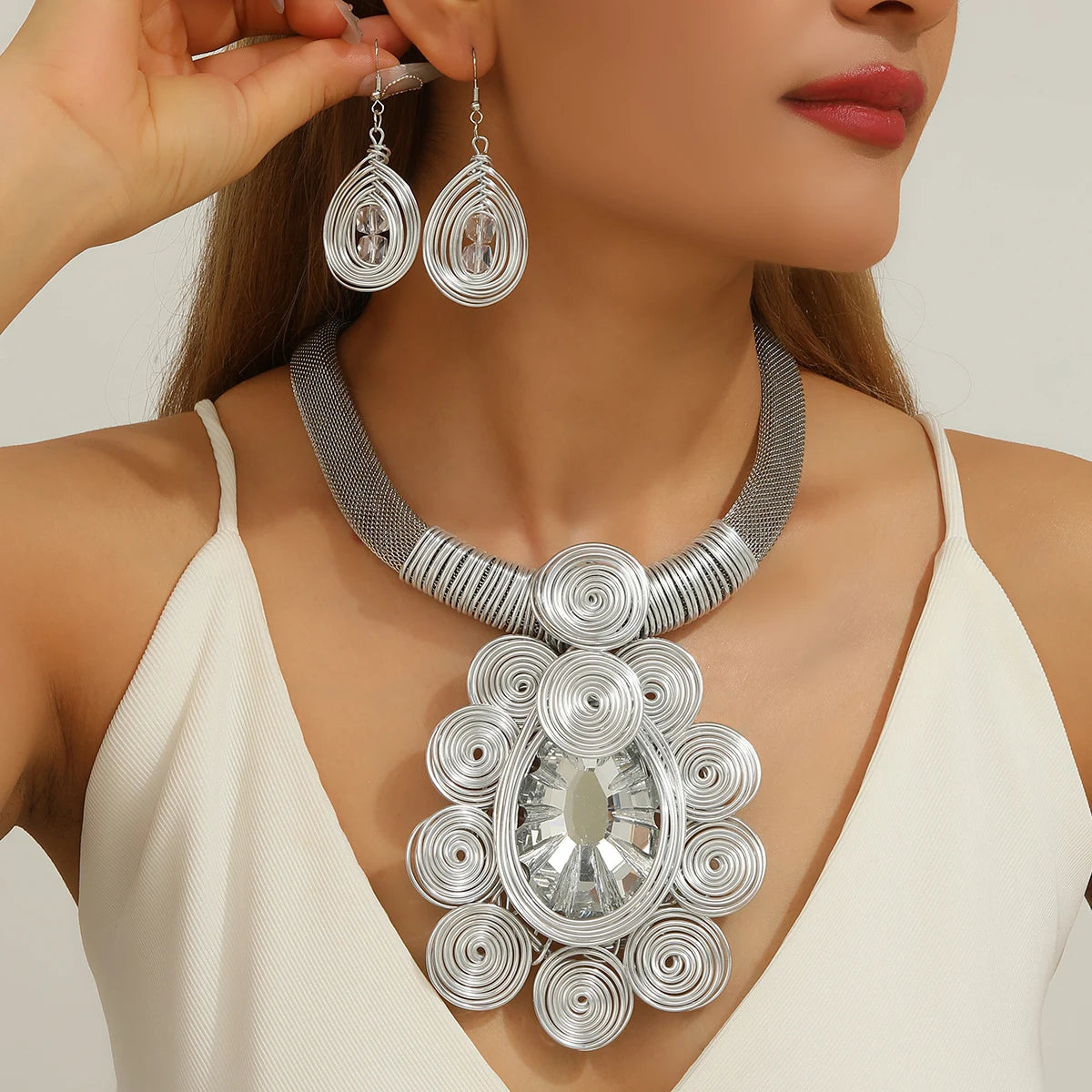 Silver Handmade Large Water Drop Crystal Aluminum Jewelry