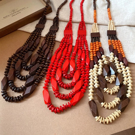 Collection of Handmade Multi Layer Round Wooden Beaded Necklaces
