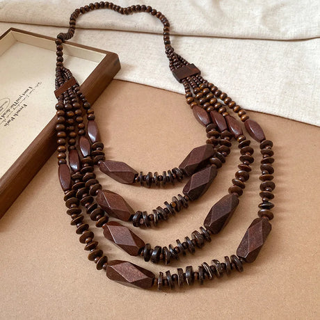 Brown Handmade Multi Layer Round Wooden Beaded Necklaces