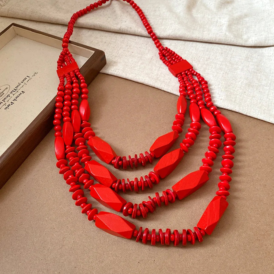 Red Handmade Multi Layer Round Wooden Beaded Necklaces