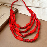 Red Handmade Multi Layer Round Wooden Beaded Necklaces