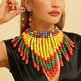 Model Using Handmade Retro Ethnic Wooden Bead Necklace And Earrings