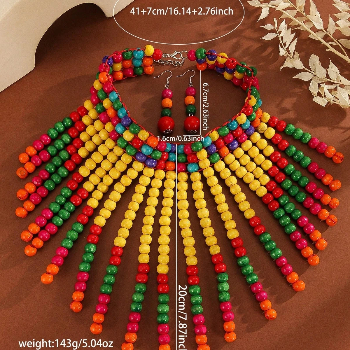 Size of Handmade Retro Ethnic Wooden Bead Necklace And Earrings