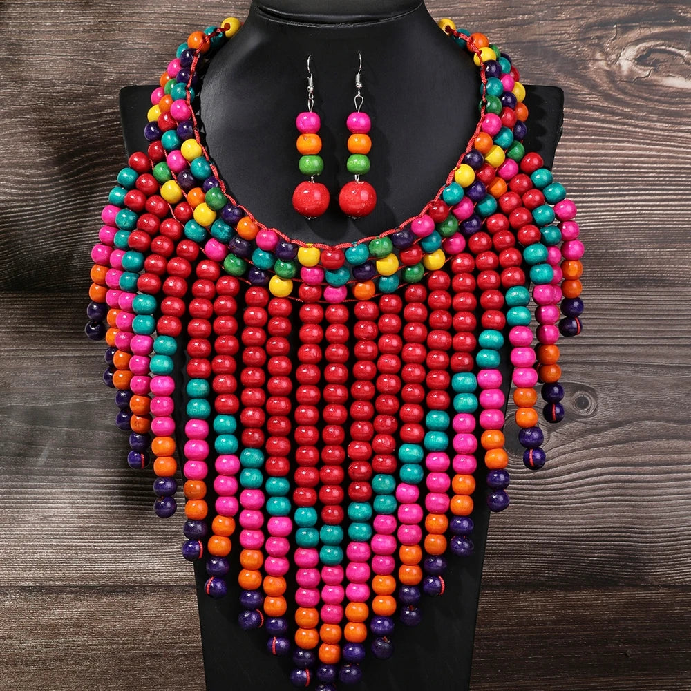 Handmade Retro Ethnic Wooden Bead Necklace And Earrings