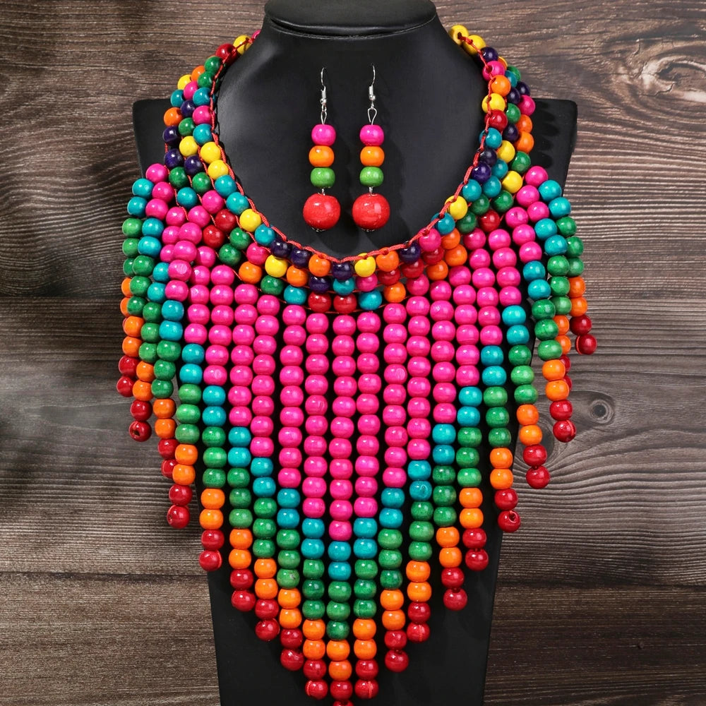Handmade Retro Ethnic Wooden Bead Necklace And Earrings
