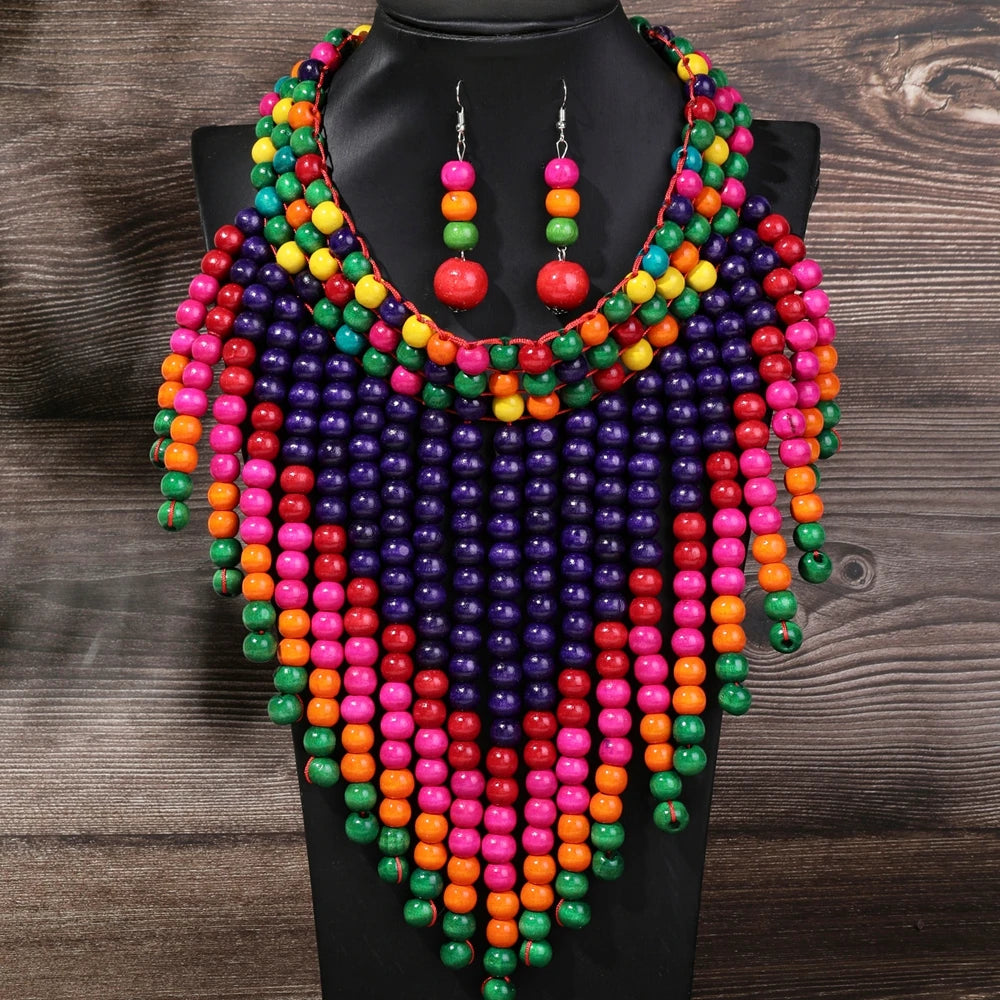 Handmade Retro Ethnic Wooden Bead Necklace And Earrings