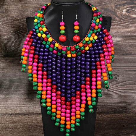 Handmade Retro Ethnic Wooden Bead Necklace And Earrings
