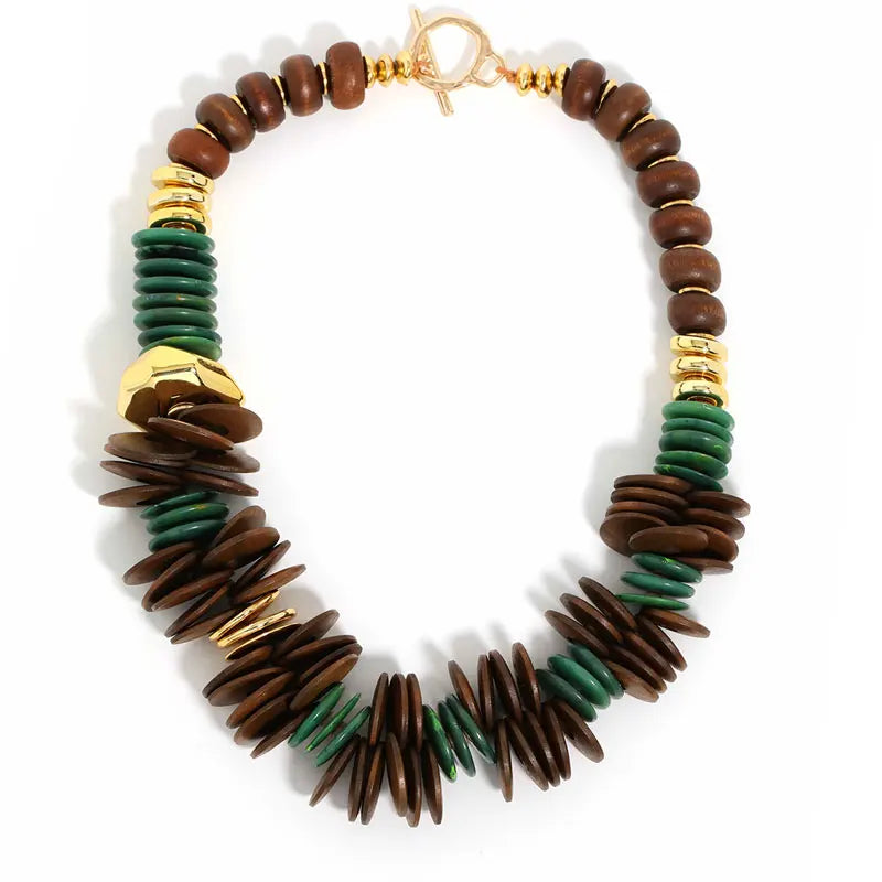 Green Handmade Retro Wood & Acrylic Stitching Necklace
