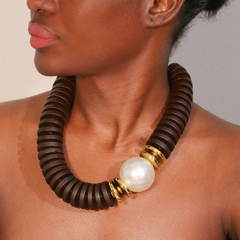 Model Using Handmade Statement Retro Necklace Wood Beads  Jewelry