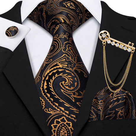 Hanky Cufflink Brooch Jacquard Silk Men Tie gold black flower pattern necktie set 