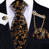 Hanky Cufflink Brooch Jacquard Silk Men Tie gold black flower pattern necktie set 