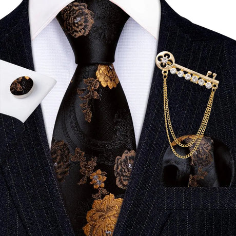 Hanky Cufflink Brooch Jacquard Silk Men Tie gold black flower pattern necktie set 