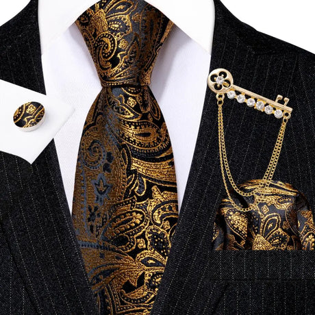 Hanky Cufflink Brooch Jacquard Silk Men Tie gold black flower pattern necktie set 