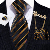 Hanky Cufflink Brooch Jacquard Silk Men Tie gold black line pattern necktie set 