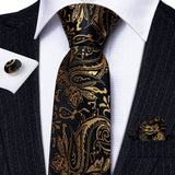 Hanky Cufflink Brooch Jacquard Silk Men Tie gold black flower pattern necktie set 