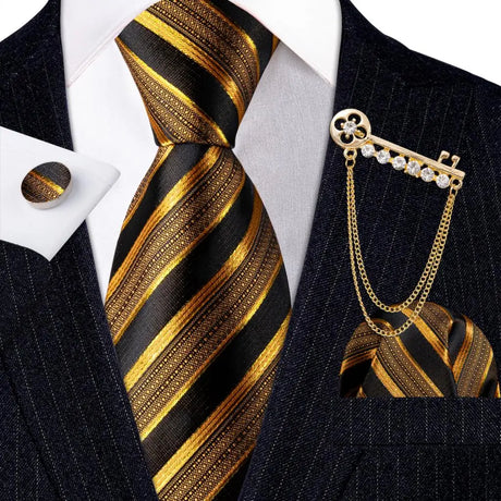 Hanky Cufflink Brooch Jacquard Silk Men Tie gold black necktie set 