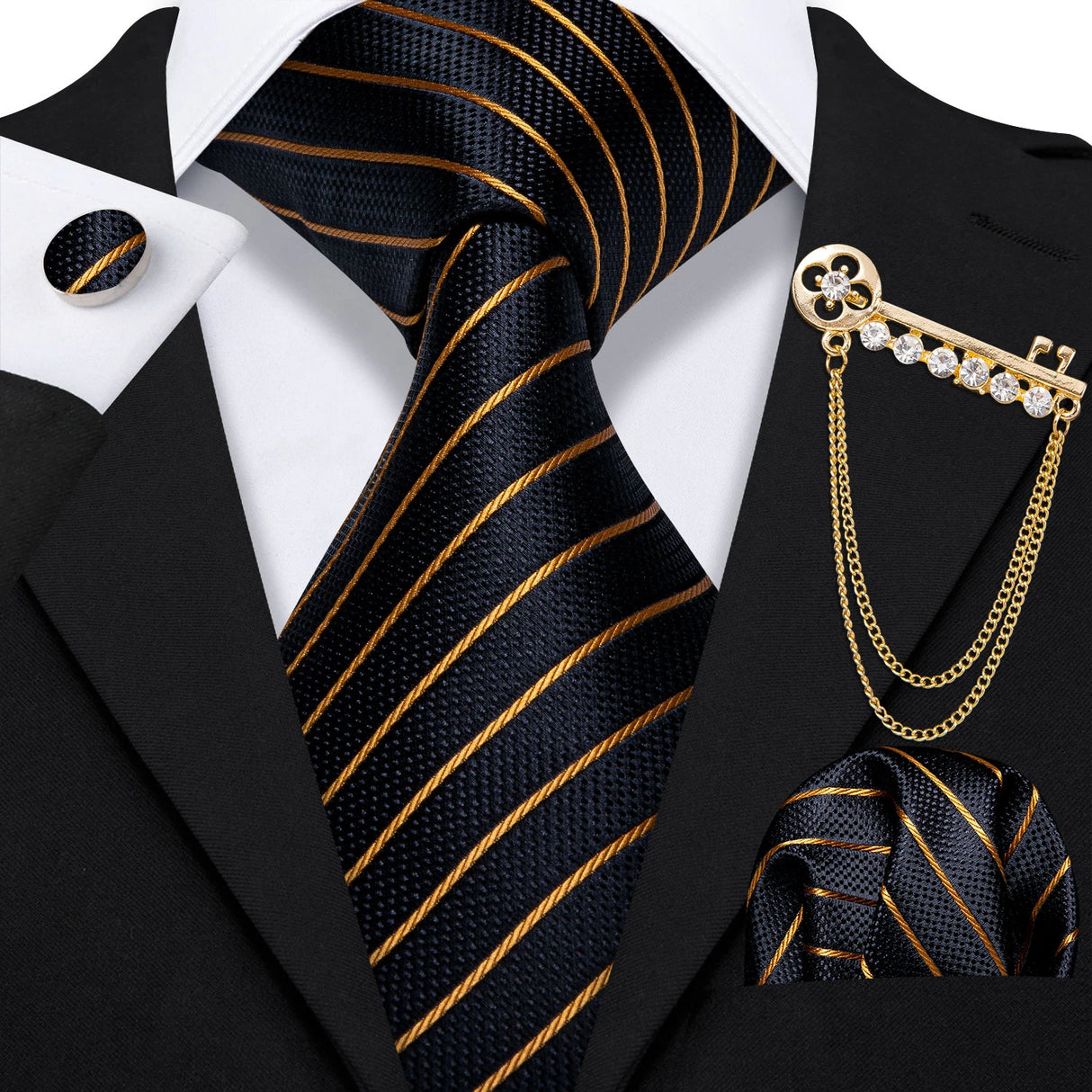 Hanky Cufflink Brooch Jacquard Silk Men Tie gold black necktie set 