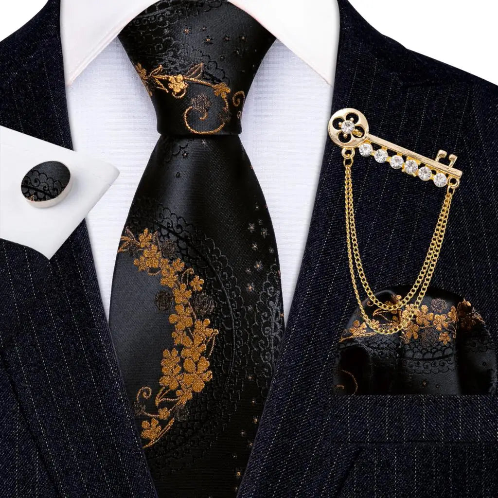 Hanky Cufflink Brooch Jacquard Silk Men Tie gold black flower pattern necktie set 