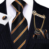 Hanky Cufflink Brooch Jacquard Silk Men Tie gold black necktie set 