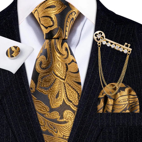 Hanky Cufflink Brooch Jacquard Silk Men Tie gold black flower pattern necktie set 