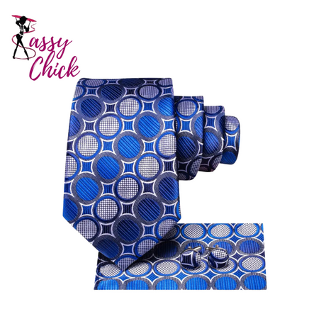 blue withe circle pattern necktie set sassy chick logo
