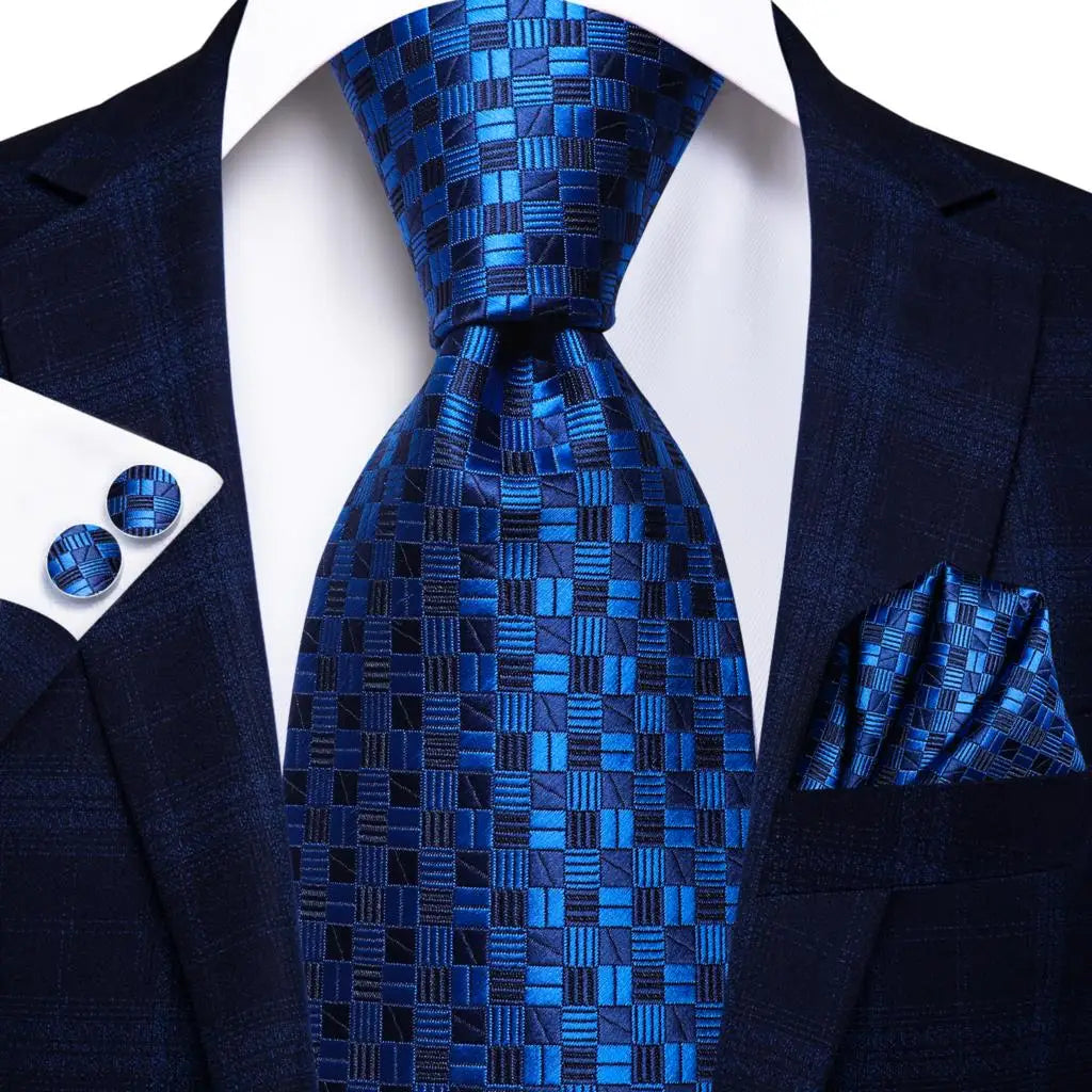 blue black square pattern necktie set