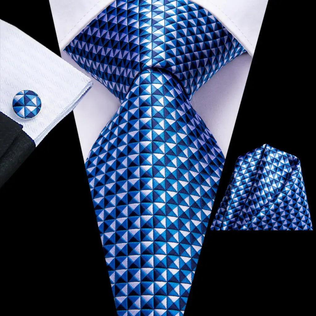 blue white square pattern necktie set
