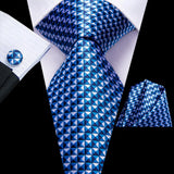 blue white square pattern necktie set