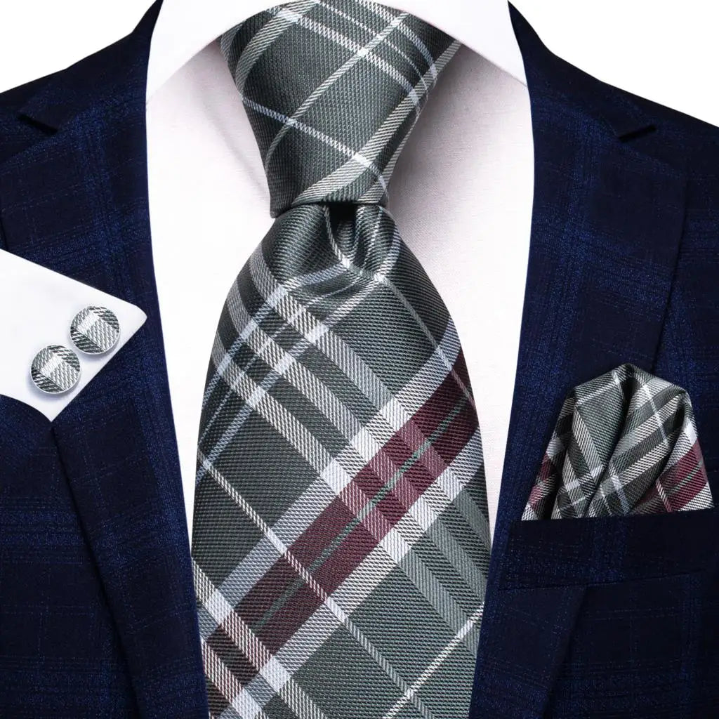 grey white red line pattern necktie set