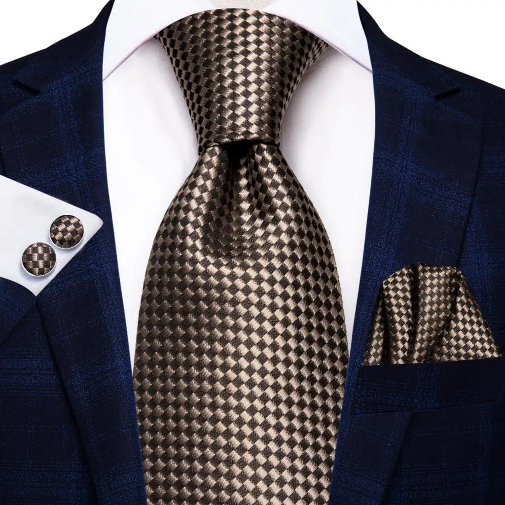 brown black square pattern necktie set