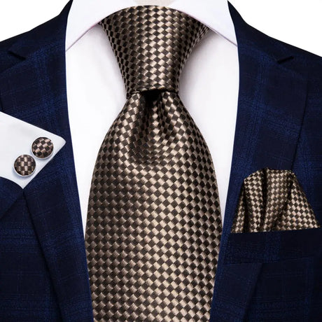 brown black square pattern necktie set