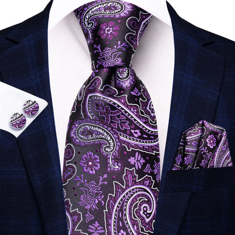 white purple black flower pattern necktie set