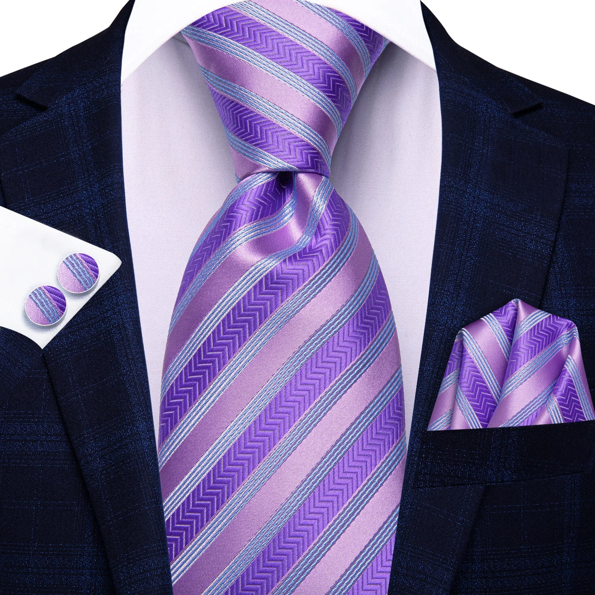 purple pink line pattern necktie set